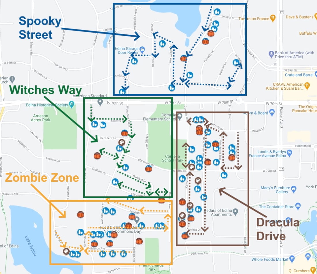 Suggested SCNA Halloween 2020 Parade Routes with Paths and Zones 